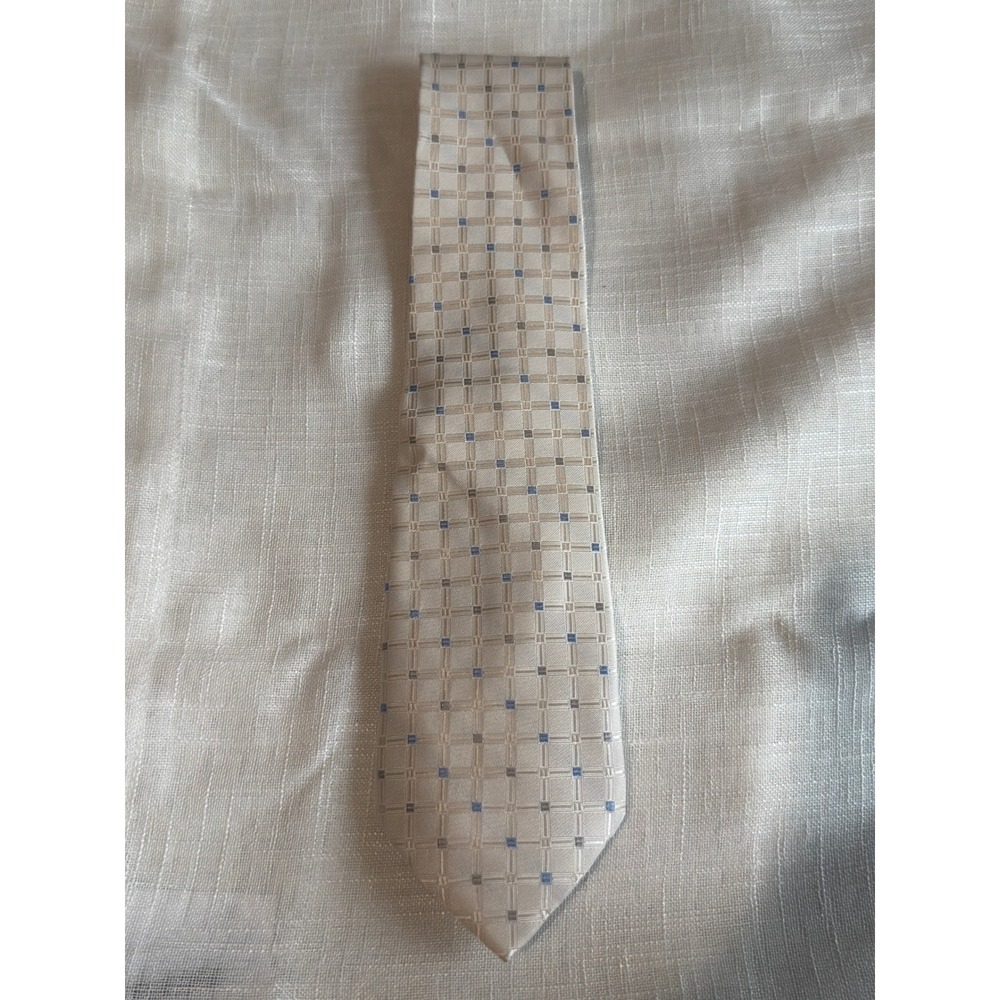 Bugatti Mens Silk Tie Champagne Tan Blue Geometric Grid Pattern Classic Necktie